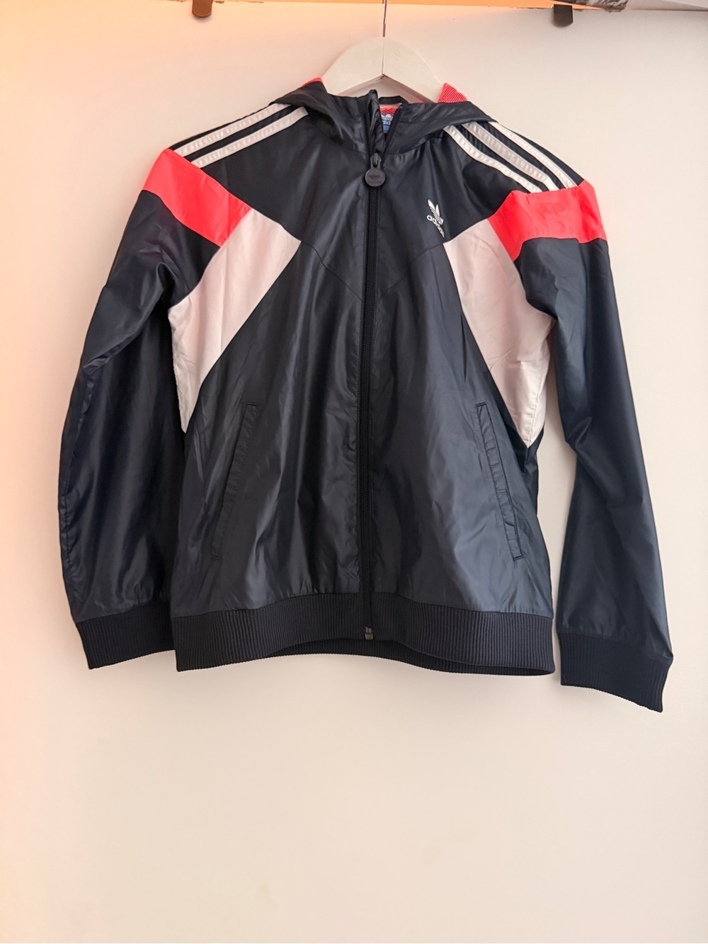adidas Kids Navy Hooded Windbreaker with Pink & White Panels